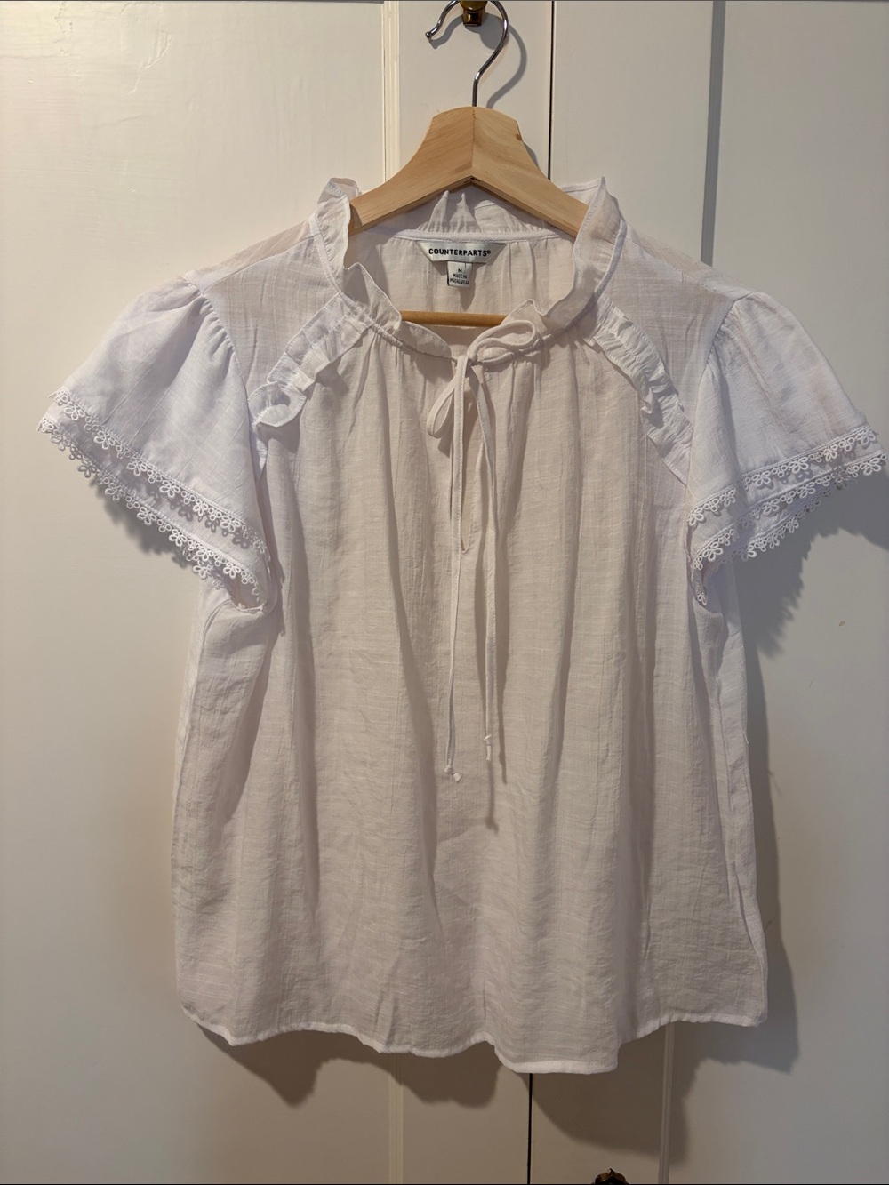 Counterparts White Ruffle Tie-Neck Cotton Peasant Blouse